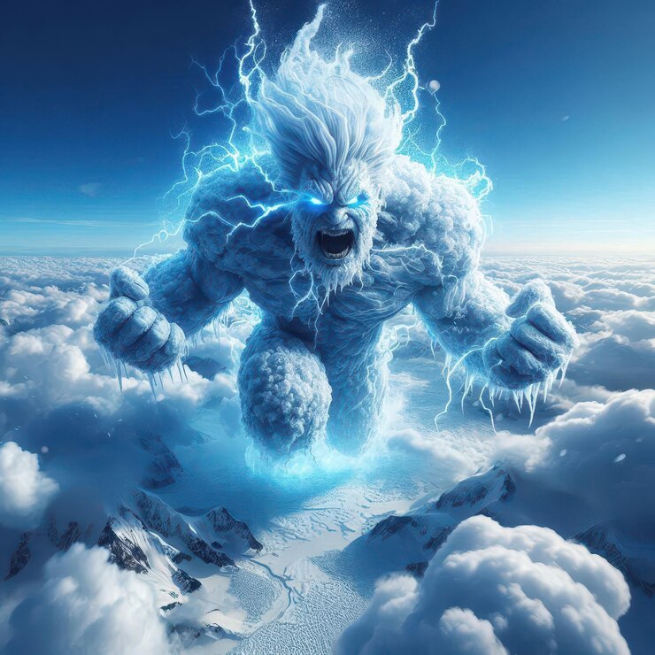Foto ilustração de um monstro voador humano na forma de uma tempestade de gelo e neve voando no céu nublado