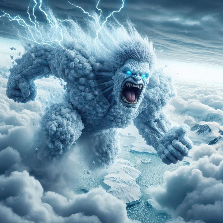 Foto ilustração de um monstro voador humano na forma de uma tempestade de gelo e neve voando no céu nublado