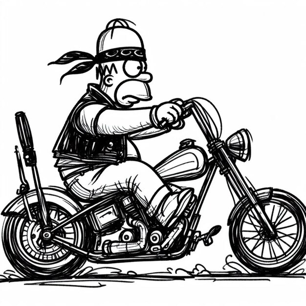 Ilustração de um motociclista de desenho animado desenhado à mão montando uma motocicleta chopper clássica