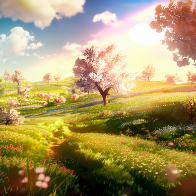 Foto ilustração de um mundo de primavera de fantasia com sol brilhante e flores de cerejeira