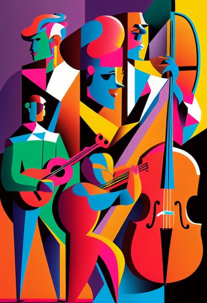 Ilustração de um músico abstrato tocando música em um grande concerto Criado com tecnologia Generative AI