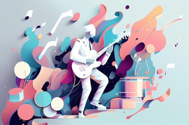 Ilustração de um músico tocando violão e cantando no palco Criado com tecnologia Generative AI