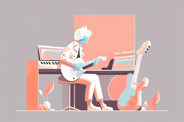 Ilustração de um músico tocando violão e cantando no palco Criado com tecnologia Generative AI