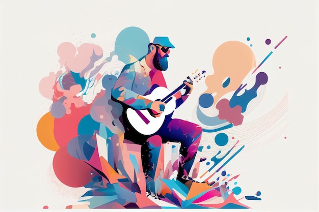 Ilustração de um músico tocando violão e cantando no palco Criado com tecnologia Generative AI