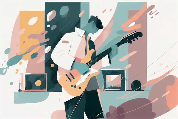 Ilustração de um músico tocando violão e cantando no palco Criado com tecnologia Generative AI