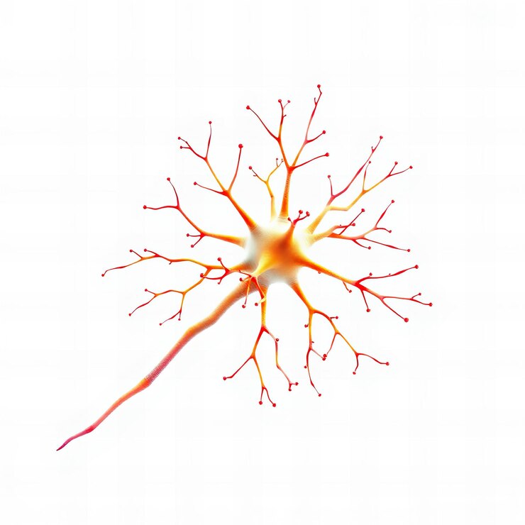 Foto ilustração de um neurônio com sinapses vermelhas