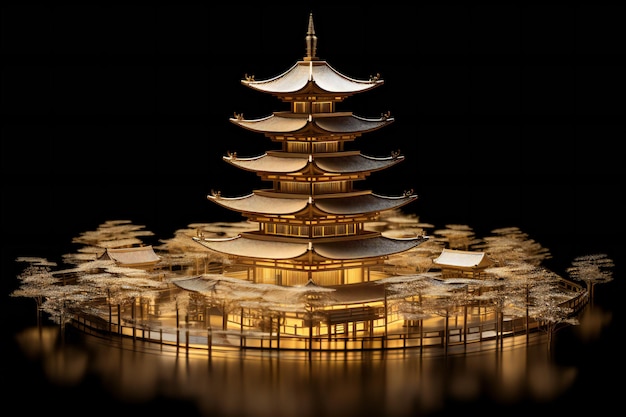 Ilustração de um pagode branco com muitas luzes no fundo