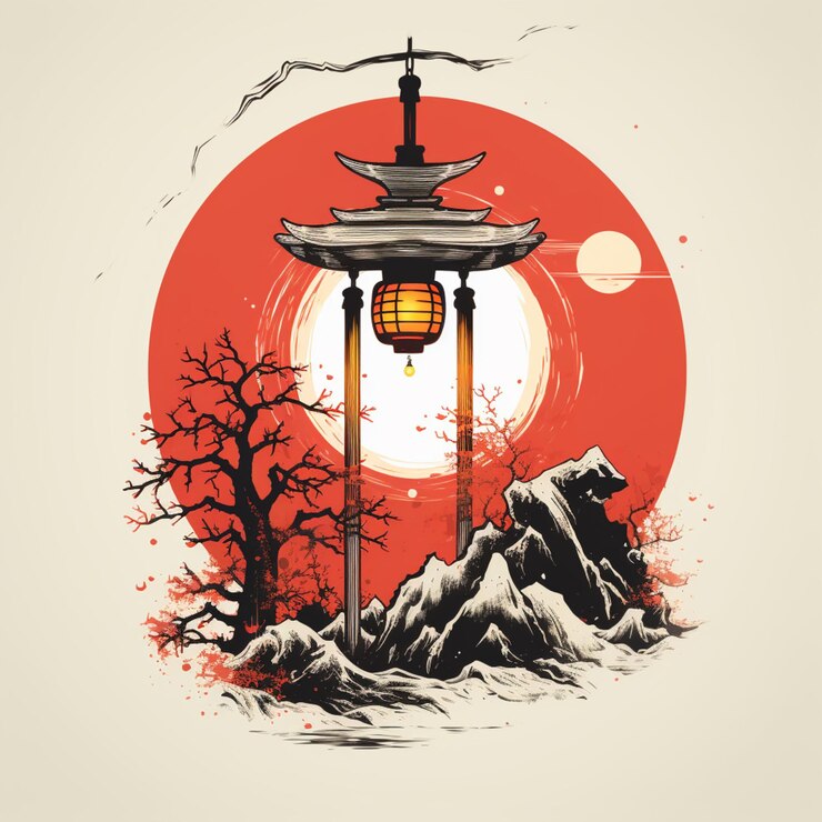 Foto ilustração de um pagode com uma lanterna e uma árvore no fundo generativo ai