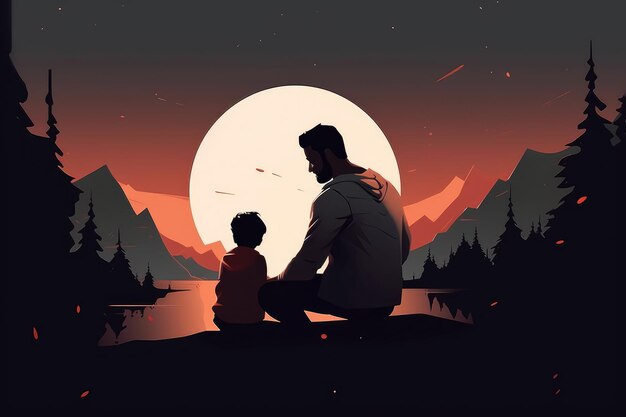 Ilustração de um pai de pé ao lado de seu filho de mãos dadas em frente à imagem de comemoração do Dia dos Pais por do sol