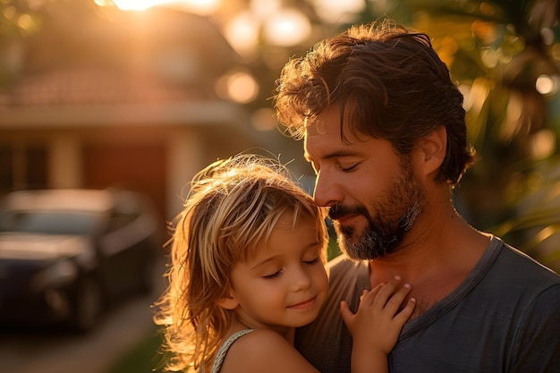 Ilustração de um pai expressando seu amor à filha na frente de sua casa sob o sol quente