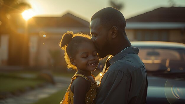 Ilustração de um pai expressando seu amor por sua filha na frente de sua casa sob o sol morno quente Usado para divulgar eventos do Dia do Pai atividades para promover relações familiares