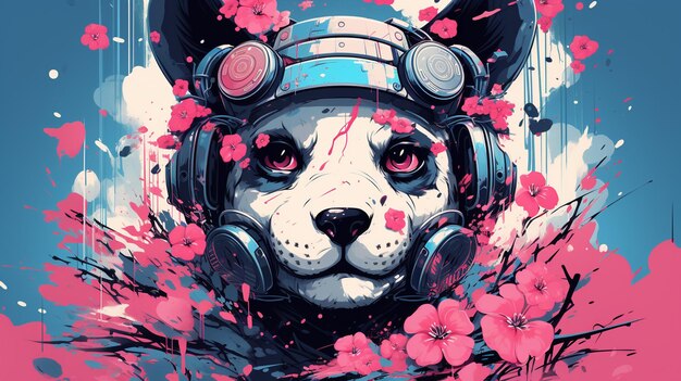 Ilustração de um panda com flores de cereja no fundo gera IA