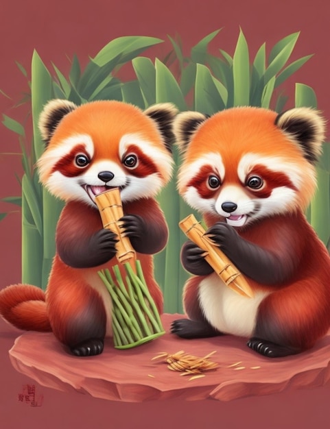 Foto ilustração de um par de lindos pandas vermelhos compartilhando