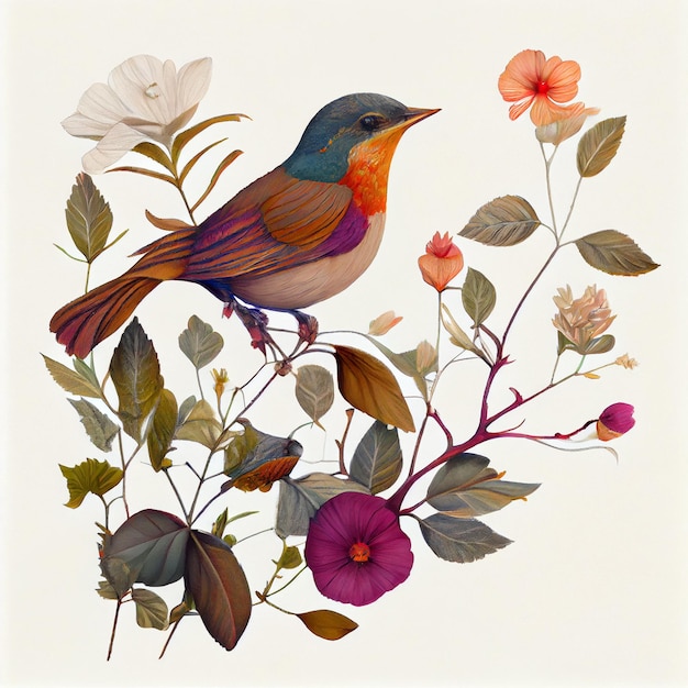 Ilustração de um pássaro com flores. pássaro de cor bonita na flora. Folhas, galhos e flores.