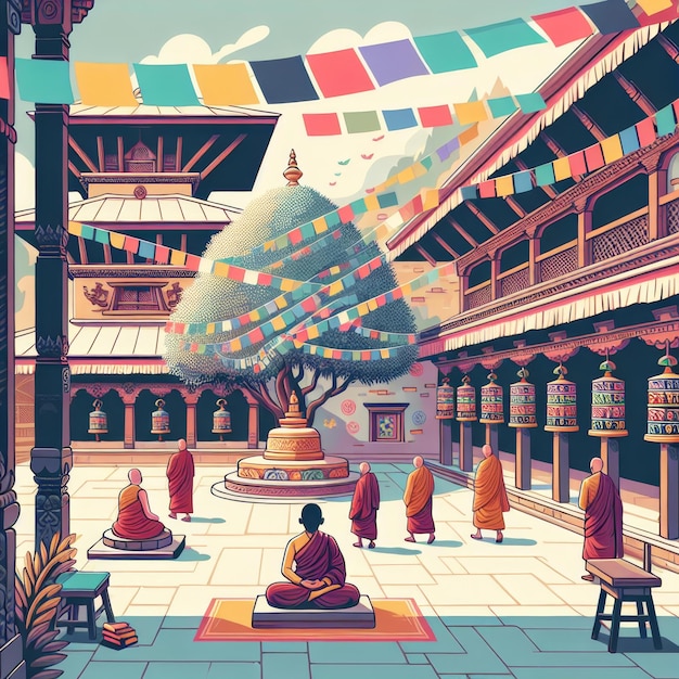 ilustração de um pátio pacífico dentro de um templo nepalês com uma árvore Bodhi com fluttering