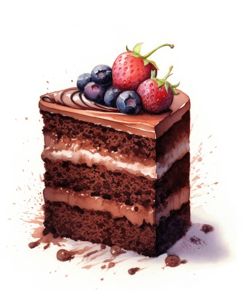 Ilustração de um pedaço de bolo de chocolate com frutas no topo