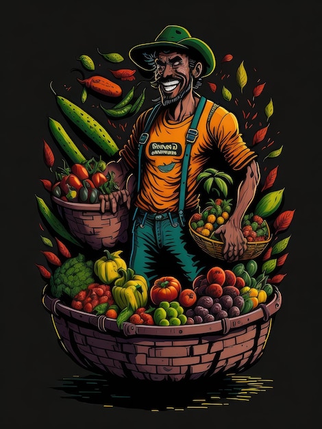 Ilustração de um personagem de desenho animado alegre segurando uma cesta de frutas frescas criada com tecnologia de IA generativa