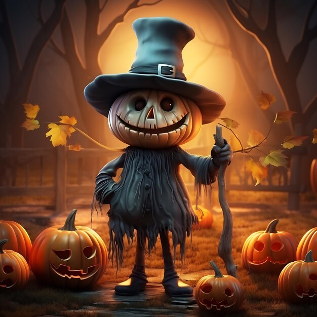 Ilustração de um personagem de halloween segurando abóboras com vassouras no quintal