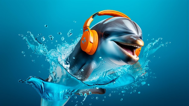 ilustração de um pinguim de desenho animado feliz ouvindo música na água com fones de ouvido