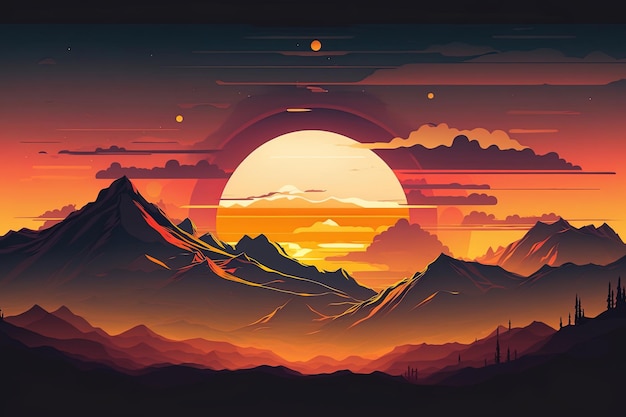 Ilustração de um pôr do sol de tirar o fôlego sobre uma cordilheira