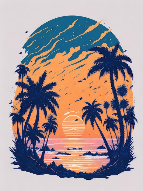 Ilustração de um pôr-do-sol lindamente pintado com palmeiras majestosas criadas com tecnologia de IA gerativa