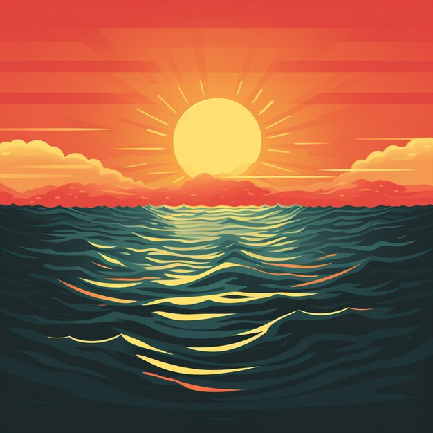 Foto ilustração de um pôr-do-sol sobre o oceano com ondas e um sol gerador ai