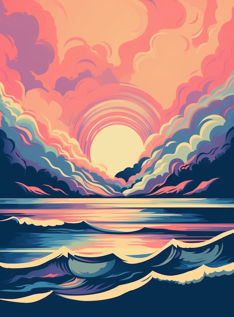 ilustração de um pôr do sol sobre o oceano com uma onda chegando em IA generativa