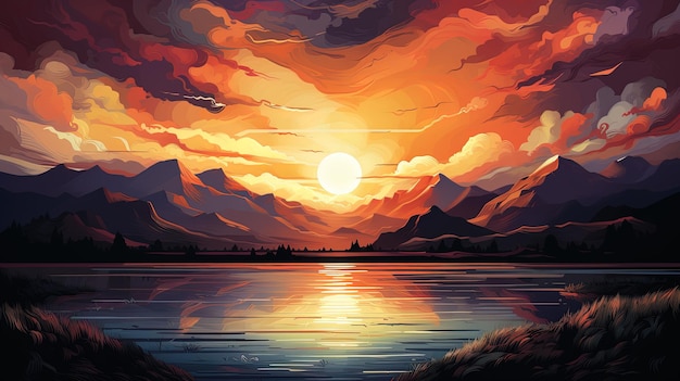 Ilustração de um pôr do sol sobre um lago de montanha gerado por IA