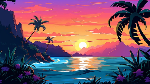 Ilustração de um pôr do sol tropical com palmeiras e uma praia generativa ai