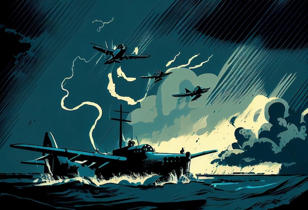 Ilustração de um porta-aviões militar no fundo da tempestade Generative AI
