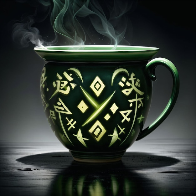 ilustração de um pote de porcelana com runas verdes brilhantes