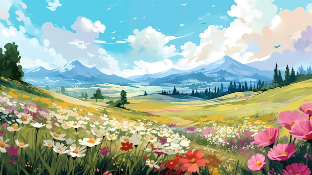 Ilustração de um prado de flores na primavera Generative AI