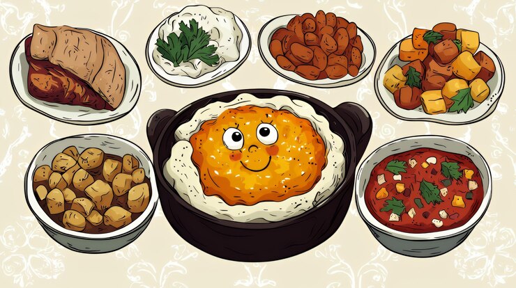 Foto ilustração de um prato de comida sorridente cercado por outros pratos de comida
