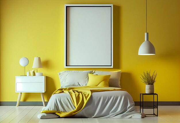 Ilustração de um quarto elegante moderno amarelo e branco com uma cama aconchegante e uma moldura vazia na parede