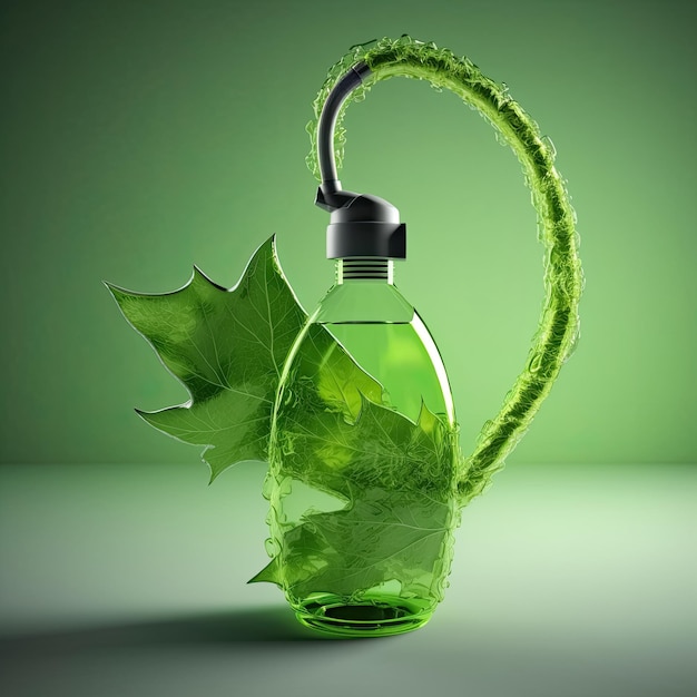Ilustração de um recipiente de vidro com folhas no interior que alimenta energia verde geradora ecológica