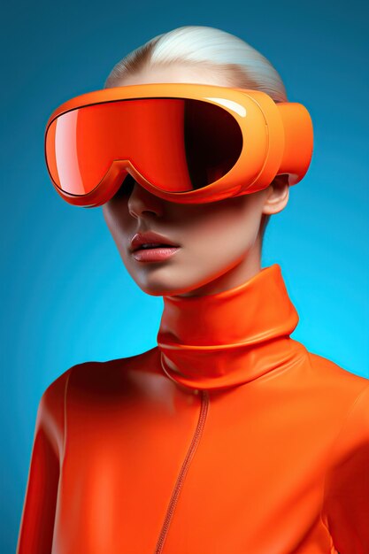 Ilustração de um retrato de moda usando um fone de ouvido de realidade virtual VR criado como uma obra de arte generativa usando IA