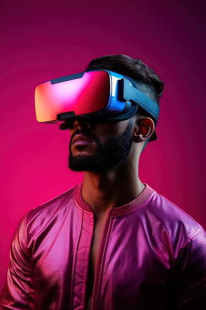 Ilustração de um retrato de moda usando um fone de ouvido de realidade virtual VR criado como uma obra de arte generativa usando IA