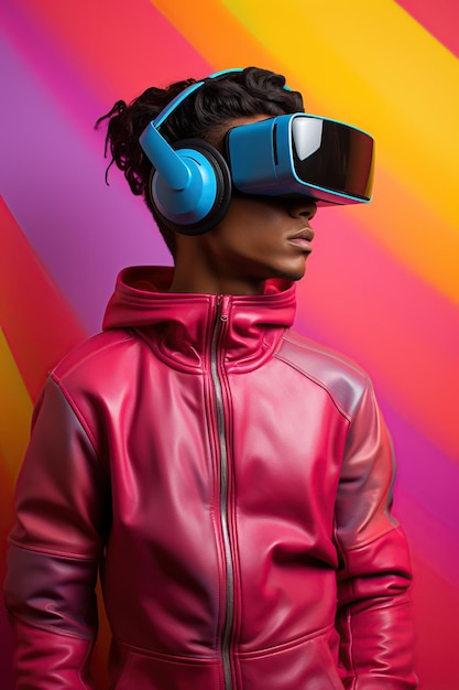Ilustração de um retrato de moda usando um fone de ouvido de realidade virtual VR criado como uma obra de arte generativa usando IA