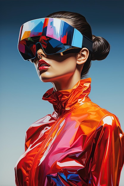Ilustração de um retrato de moda usando um headset VR de realidade virtual criado como uma obra de arte generativa usando IA