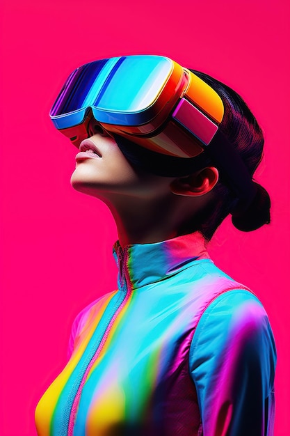 Ilustração de um retrato de moda usando um headset VR de realidade virtual criado como uma obra de arte generativa usando IA