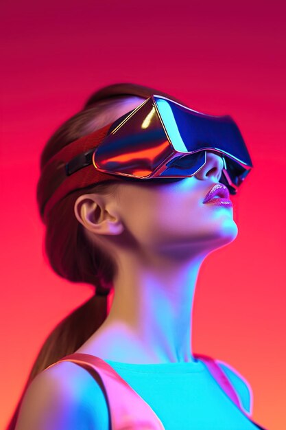 Foto ilustração de um retrato de moda usando um headset vr de realidade virtual criado como uma obra de arte generativa usando ia