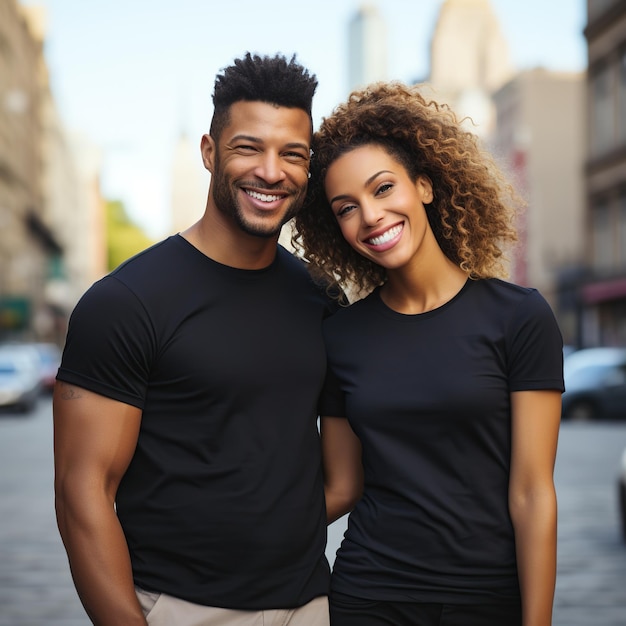 Ilustração de um retrato de um casal de moda com uma maquete de camiseta simples gerada pela IA