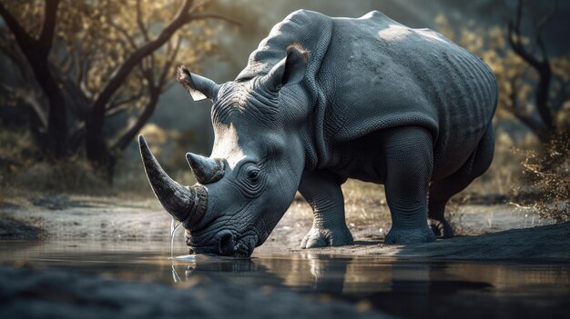 Ilustração de um rinoceronte no meio da floresta