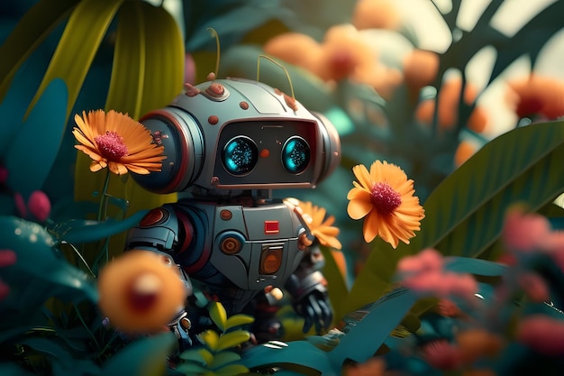 Ilustração de um robô bonito contra um fundo de flores Generative AI