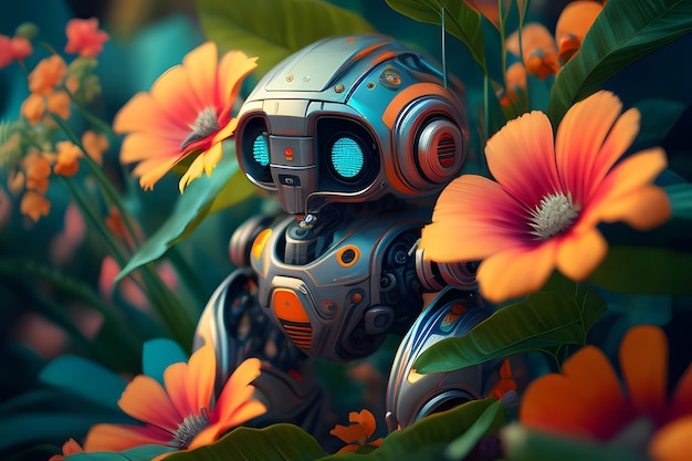 Ilustração de um robô bonito contra um fundo de flores Generative AI