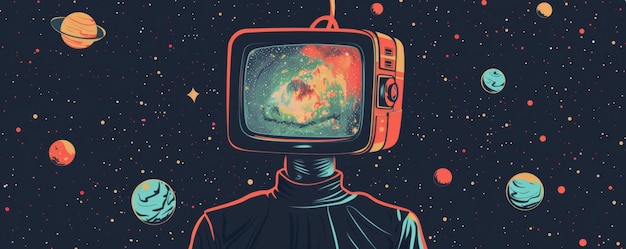 Ilustração de um robô com uma cabeça de televisão no espaço