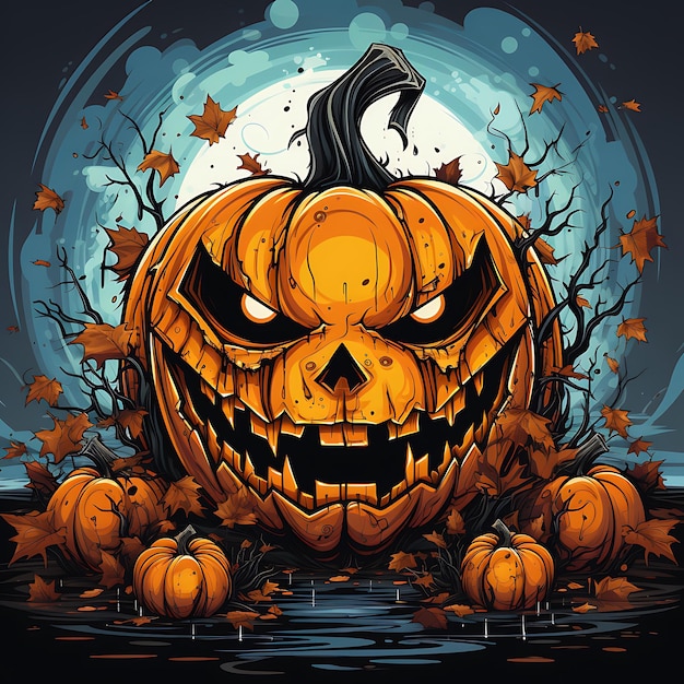 ilustração de um rosto de abóbora de Halloween colorido assustador