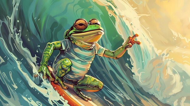 ilustração de um sapo de desenho animado em uma prancha de surf no mar Ilustrações de IA gerativa