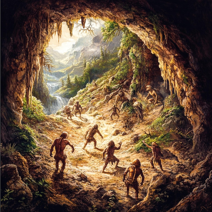 Foto ilustração de um sistema de cavernas pré-históricas com os primeiros humanos explorando e fazendo descobertas