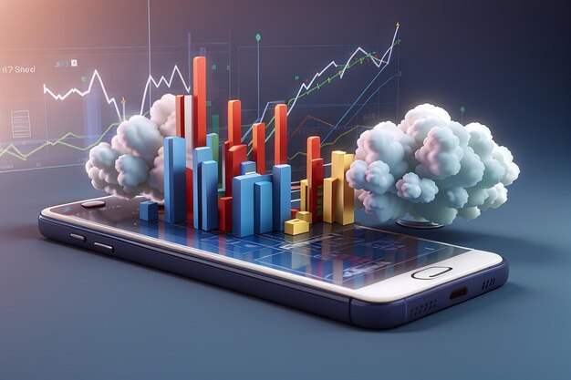 Ilustração de um smartphone com gráfico de negociação de ações, gráfico de estratégia de crescimento, computação em nuvem, renderização 3D